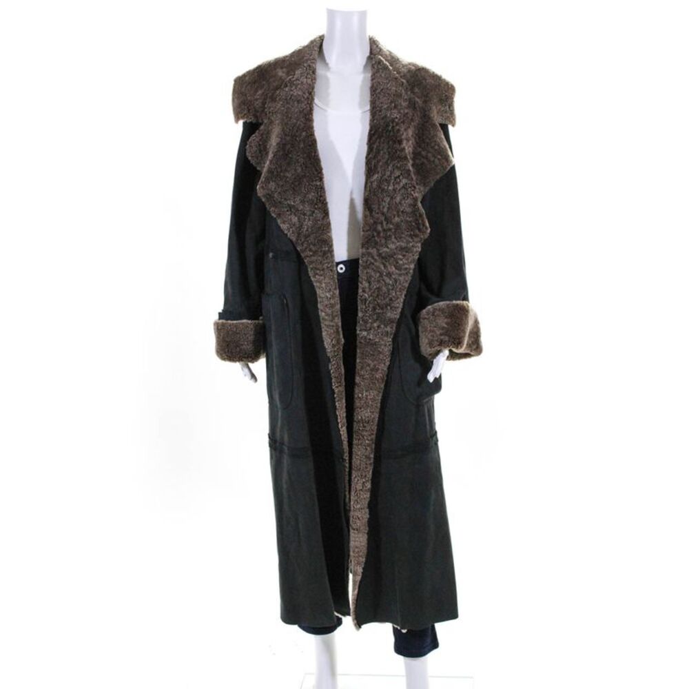 Fendi Womens Leather Shearling Trim Coat Black Brown Size Italian 38
